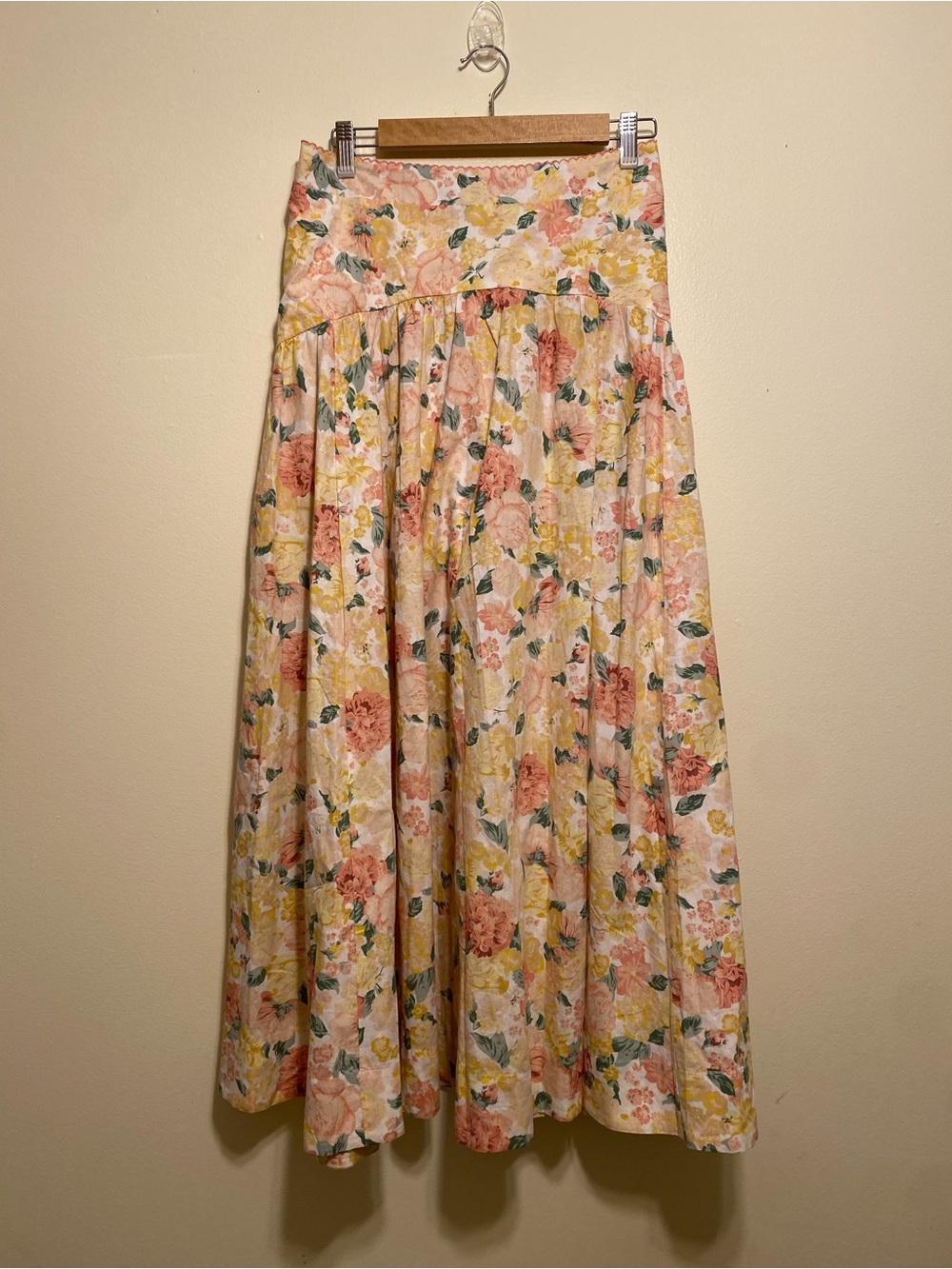 WE’RE ALL PRETTY GIRLS Floral Midi Skirt - Pink & Yellow Garden Print. Size L